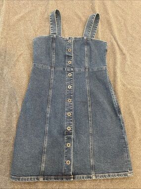 Good American Blue Denim Button-Front Dress with Straps